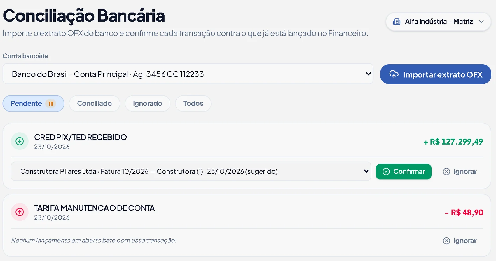 Conciliação bancária do JU.KO: extrato OFX importado e lançamentos sugeridos para confirmar